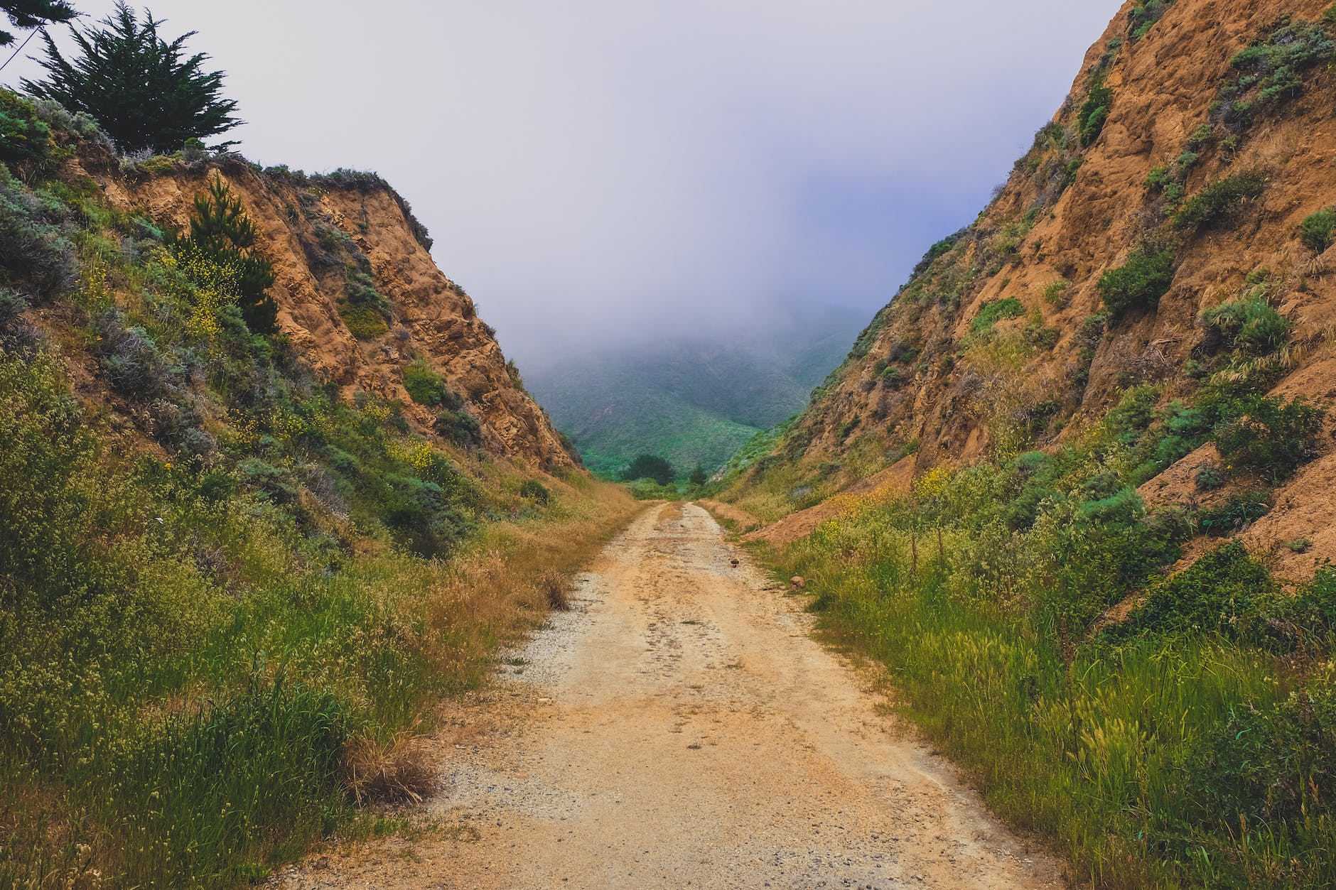 thick fog over green mountains and narrow path among hills